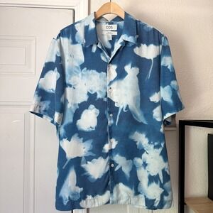 COS blue white cloud tie dye bleach linen lyocell short sleeve button up shirt